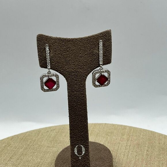 lab created ruby and CZ art deco dangle pierced Earrings - Picture 5 of 8